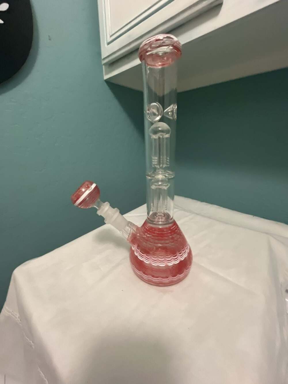 Glass Beaker Piece with Tree Perc and Red White Spiral Pattern